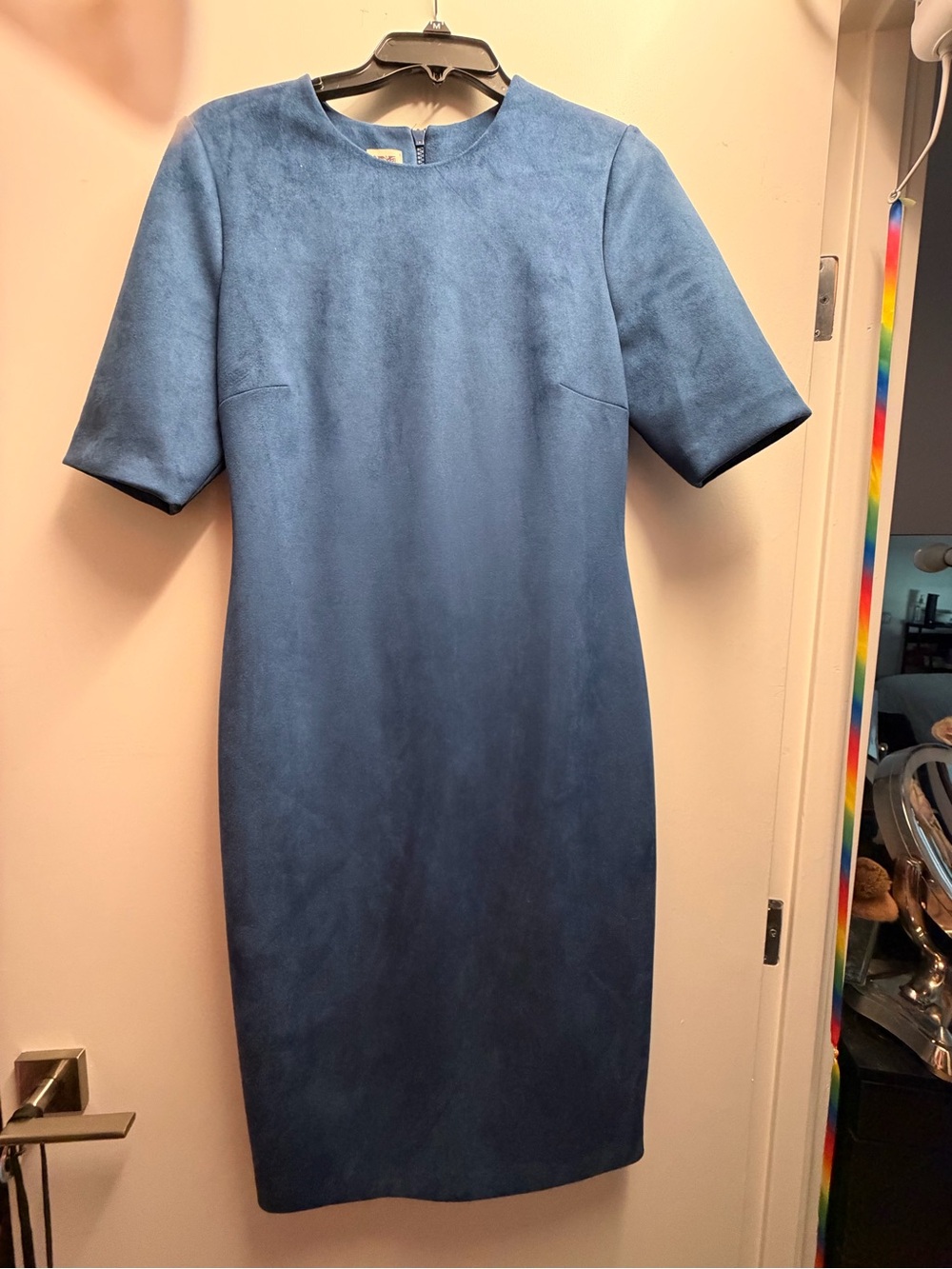 Anne Klein Blue Suede-Look Midi Sheath Dress